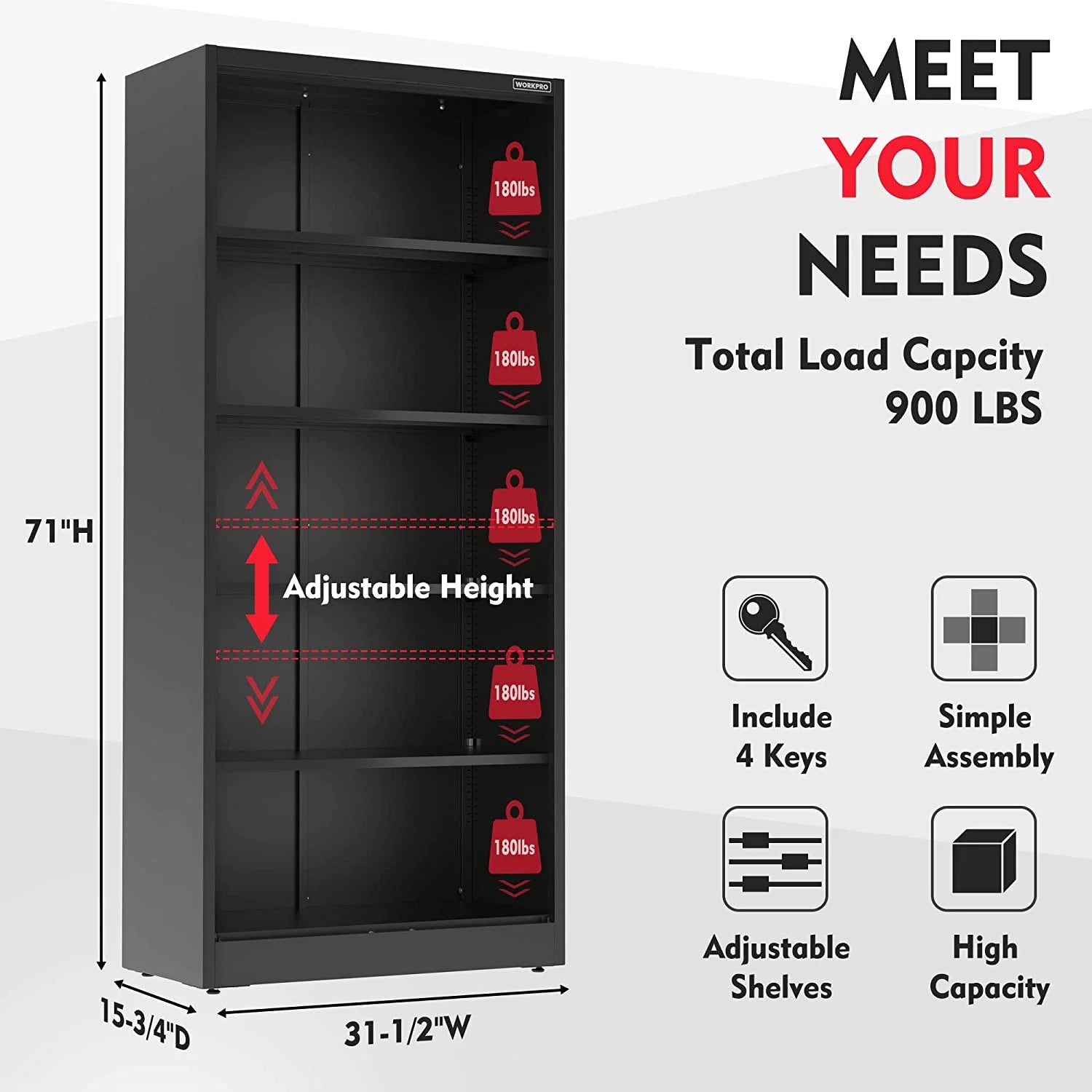 WORKPRO Metal Garage Storage Cabinet with Locking Doors and Adjustable Shelves,71 inches Tall Storage Cabinet for Tools, Office, Home, Shops (Black), Solid Packed