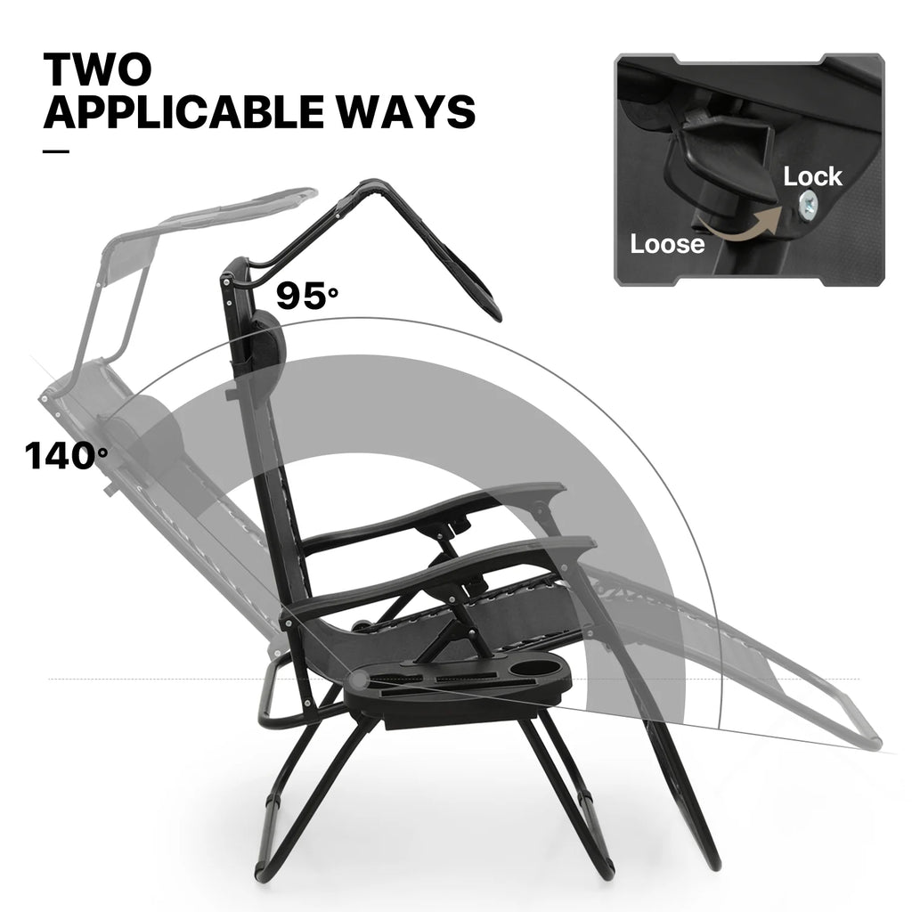 MoNiBloom Zero Gravity Chairs Set of 2, Folding Outdoor Patio Beach Recliner with Canopy Shade & Headrest, Black
