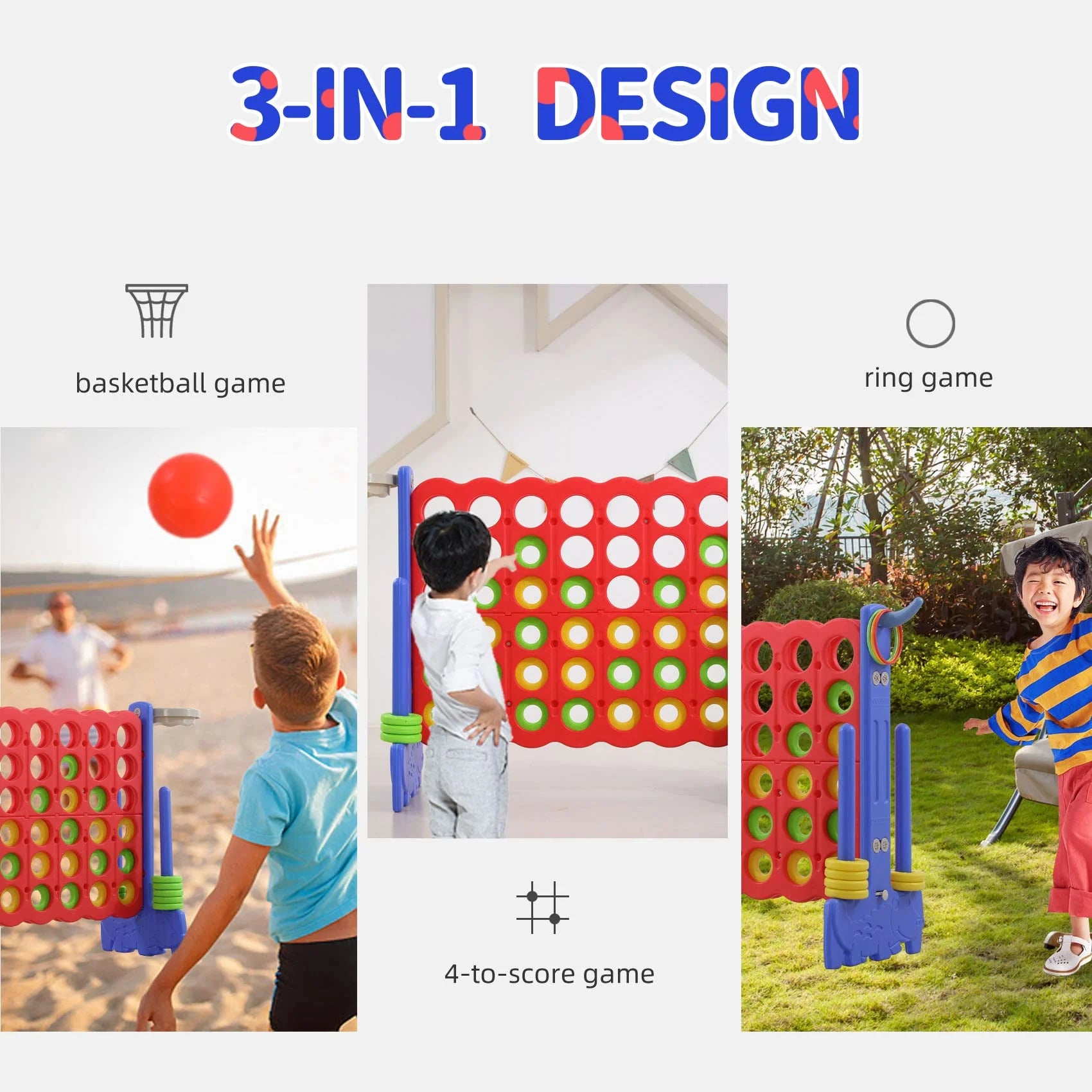UNICOO? 3-in-1 Giant 4 in A Row Game, Featuring Basketball Hoop, Ring Toss Game & 4-to-Score Game. Perfect for Kids & Adults, Parties & Gatherings with Carrying Bag (Red + Blue)