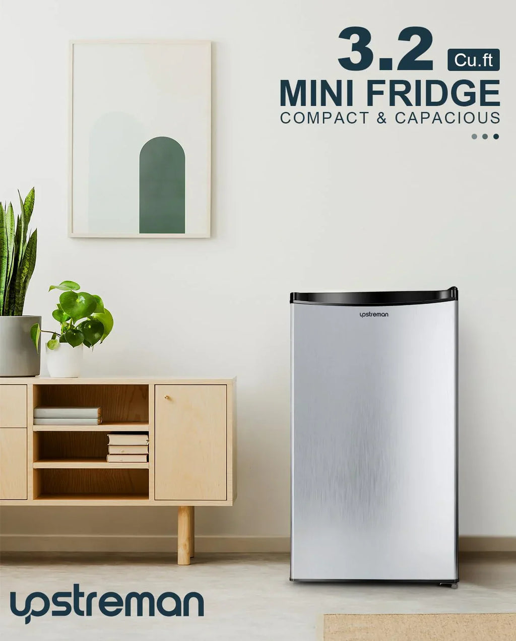 Upstreman 3.2 Cu.Ft Mini Fridge Freezer Single Door Fridge Dorm Fridge Adjustable Thermostat
