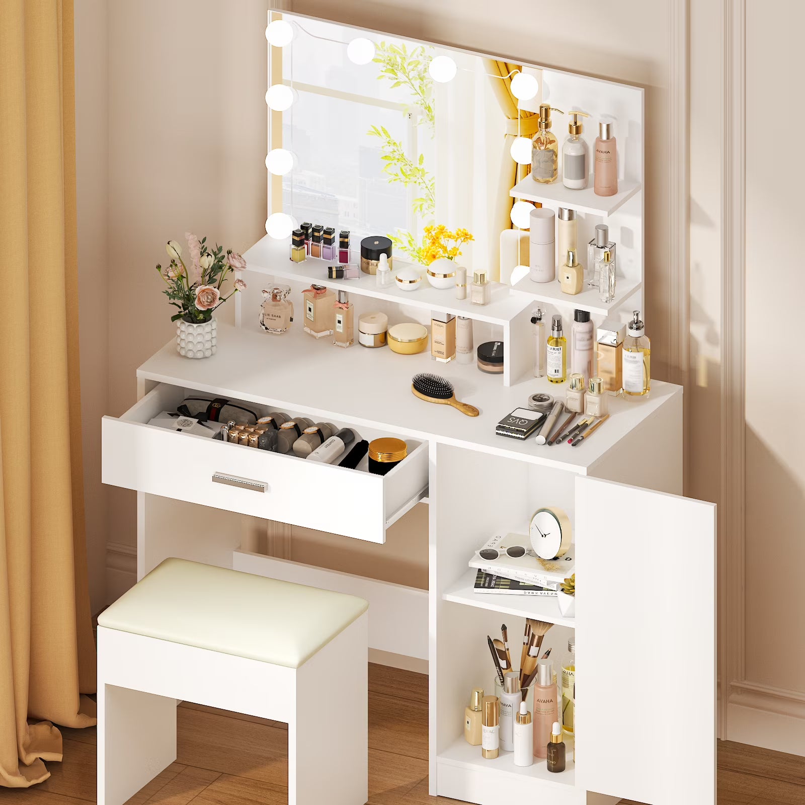 Ktaxon Vanity Set with 3 Color Lighted Mirror, Makeup Table with 3 Storage Shelves & Drawers, Dressing Table Makeup Desk with Stool,White