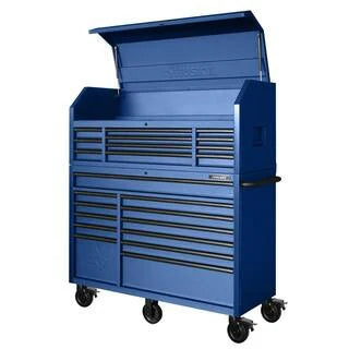 2025 56 inch W x 22 inch D Heavy-duty combination tool trolley with 23 drawers and tool cabinet in matte blue