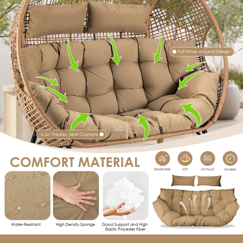 RADIATA Double Egg Chair for 2 Person, Oversized Wicker Loveseat with Thick Cushions, 680 lbs Capacity, Indoor Outdoor Stationary Patio Lounge Chair for Balcony, Garden, Beige