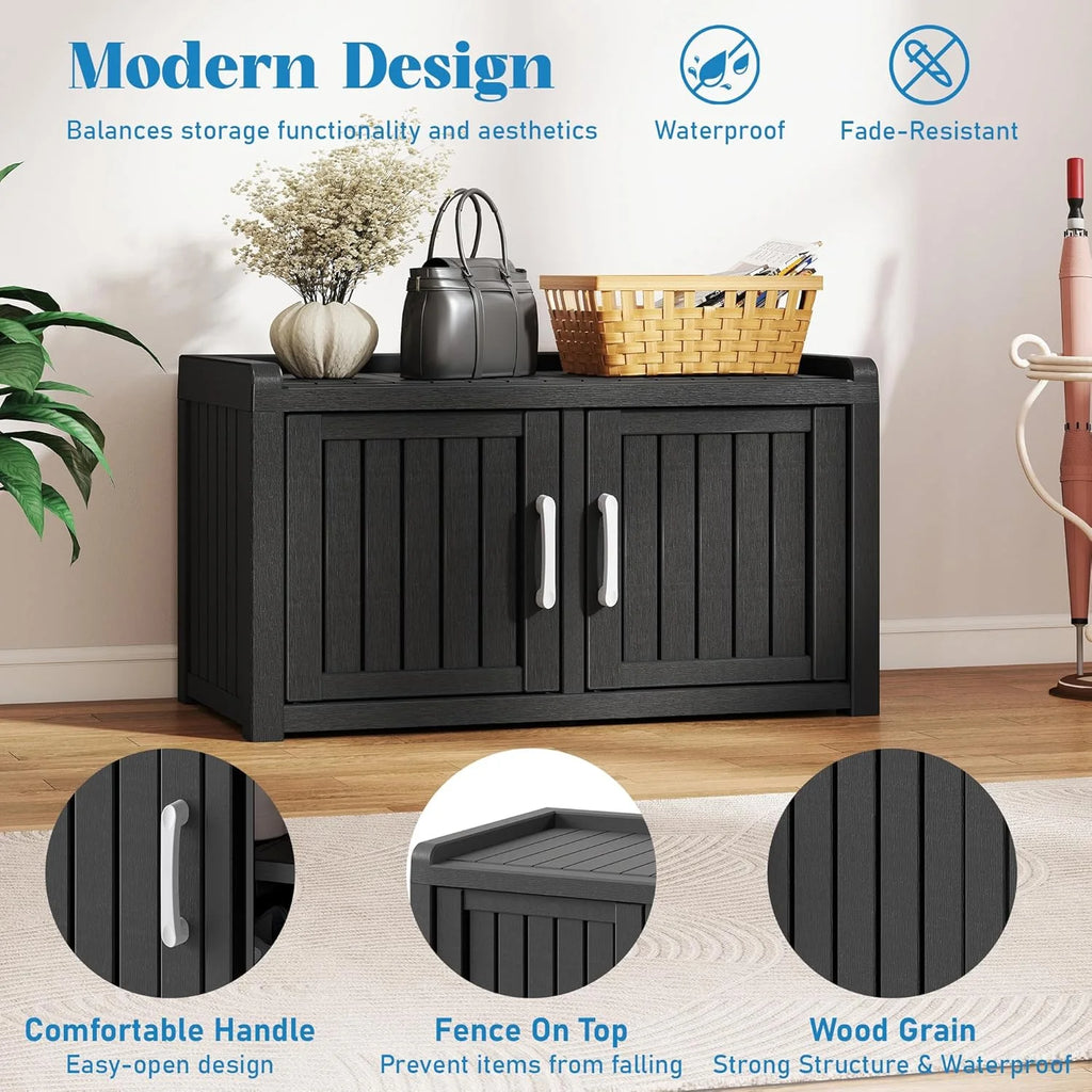 KAMABOKO Outdoor Shoe Storage Cabinet, Waterproof UV-Resistant Entryway Storage Bench Indoor Outdoor with 2 Barn Doors, Adjustable Shelves for Entryway, Bedroom, Hallway,Living Room(Black)
