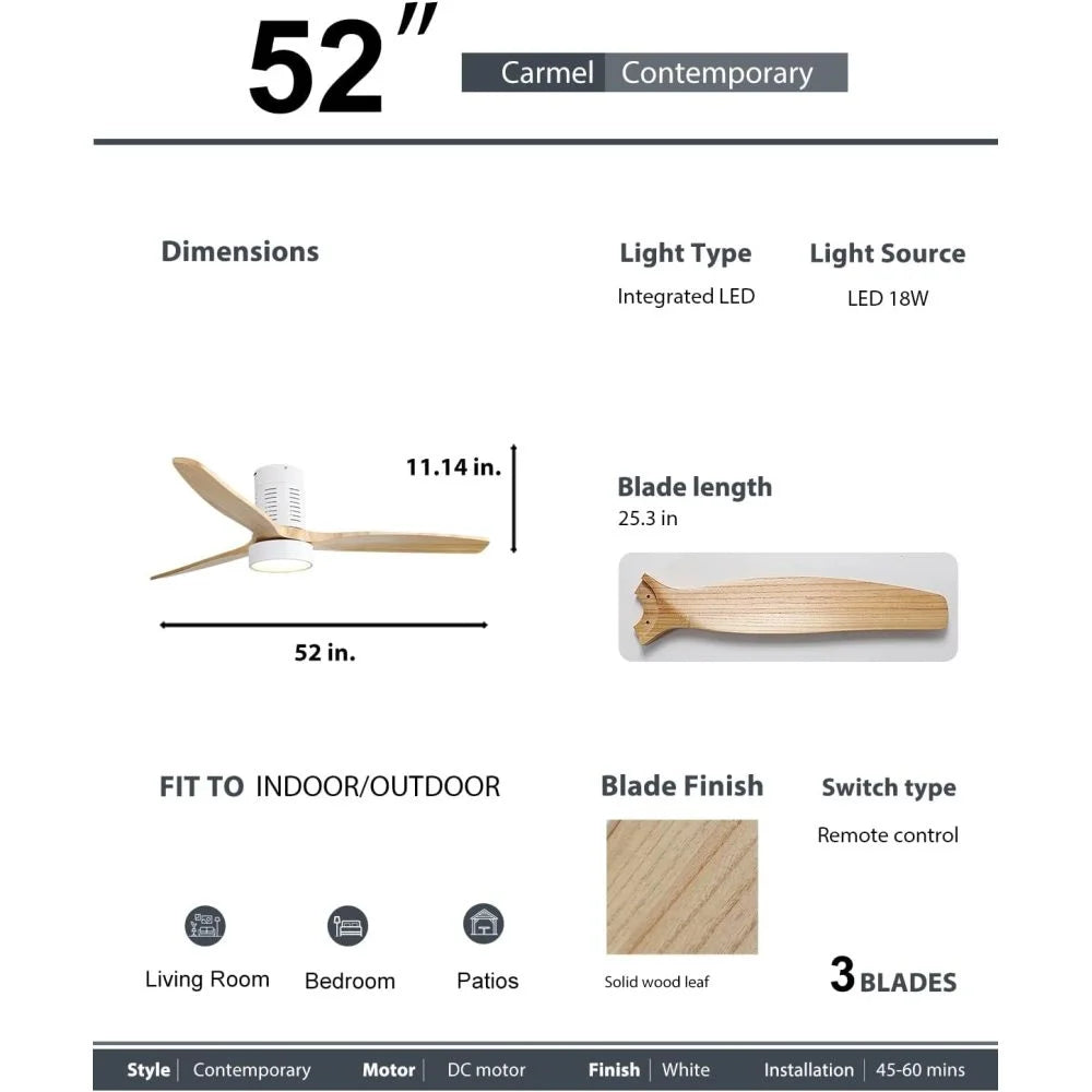 52" Ceiling Fan with Lights Remote Control,Quiet DC Motor 3 Blade Ceiling Fans 6 Speed Levels,Reversible Ceiling Fan, for Patio Living Room, Bedroom, Office,Indoor.(Matte Black +Black Walnut )
