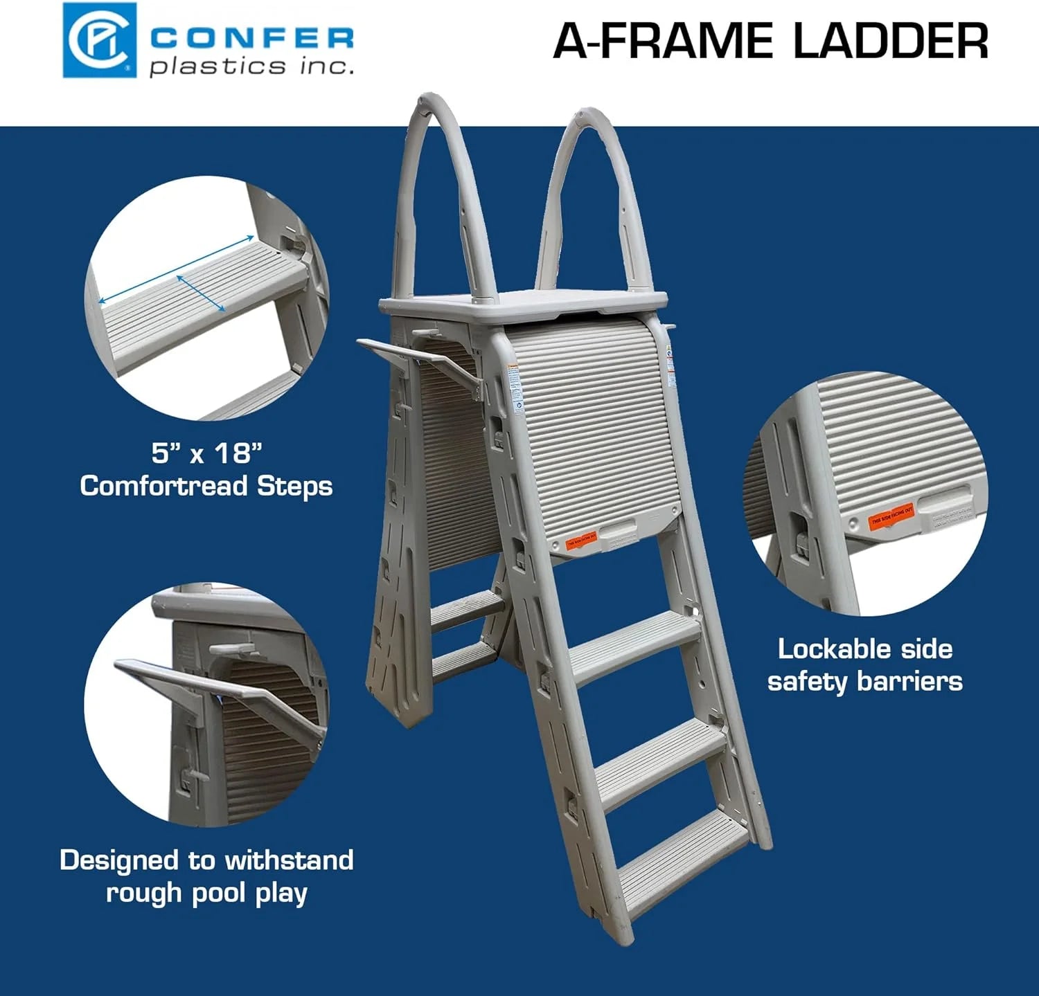confer plastics a-frame 7200 above ground adjustable pool roll-guard safety ladder