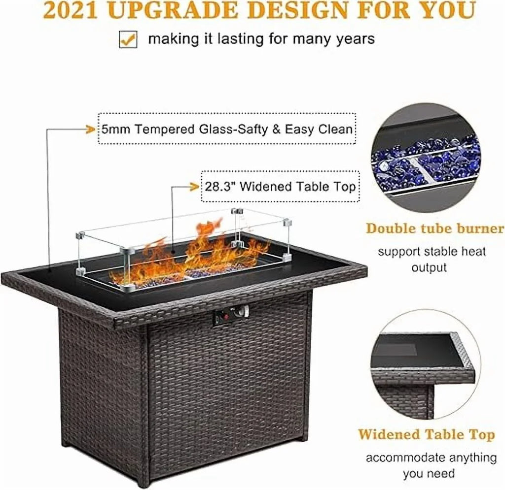LayinSun 44" Propane Gas Fire Pit Table, 55000 BTU Rectangular Fire Pit with Glass Wind Guard for Outside Patio Deck Garden Backyard