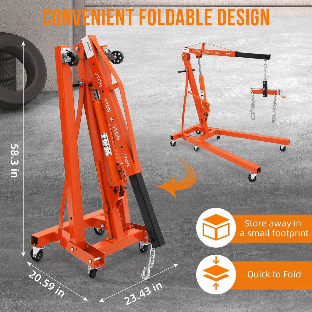 JoanKaren Hydraulic Engine Hoist,4400lbs Max Weight,Folding Engine Lift Shop Crane with Lever and 6 Steel Caster Wheels,Yellow