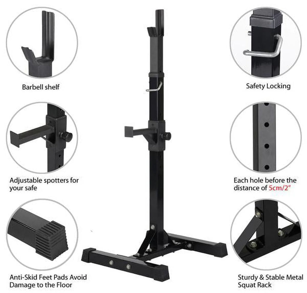 2-Piece Adjustable Squat Stand Rack or Barbell Free Press Bench, Black