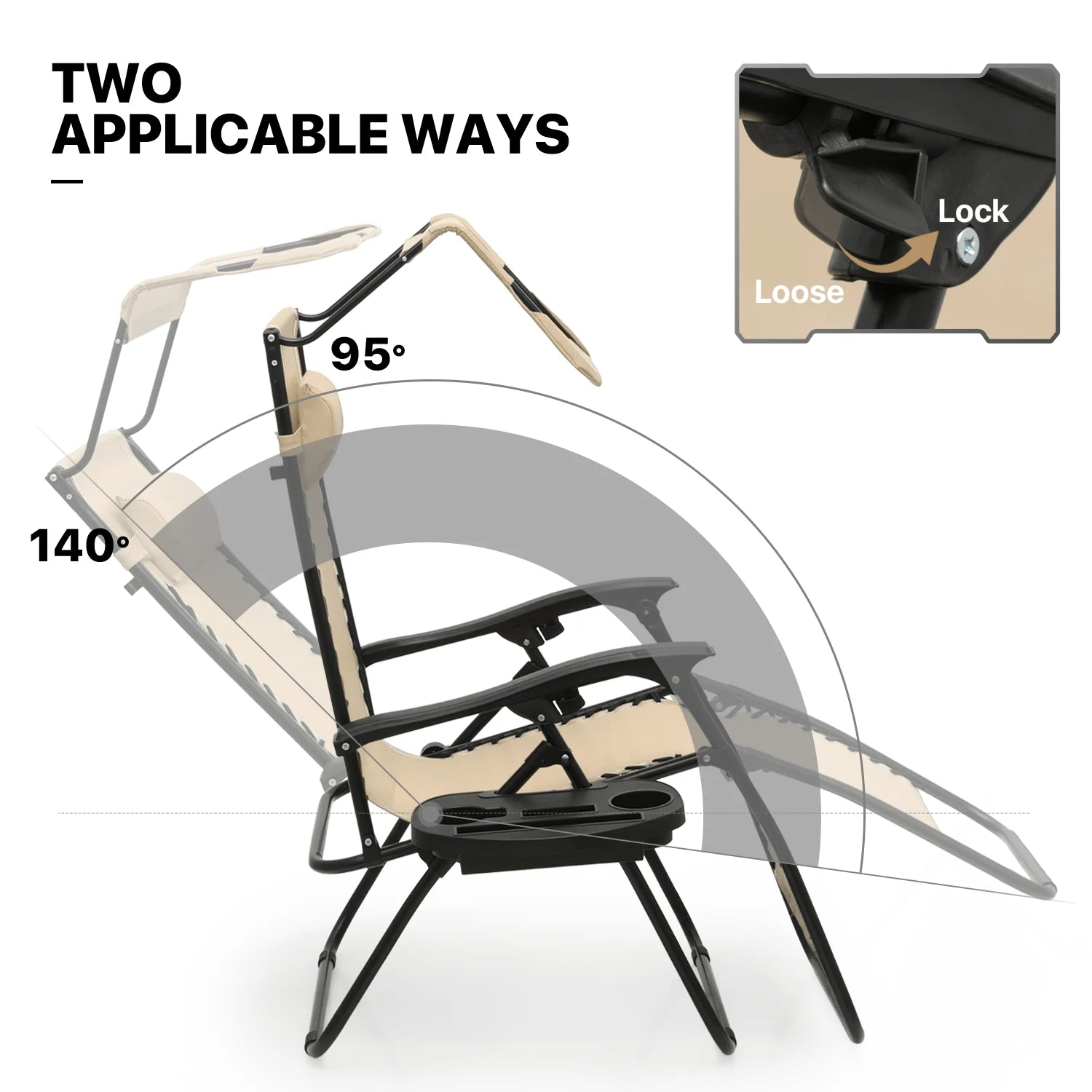 MoNiBloom Zero Gravity Chairs Set of 2, Folding Outdoor Patio Beach Recliner with Canopy Shade & Headrest, Black