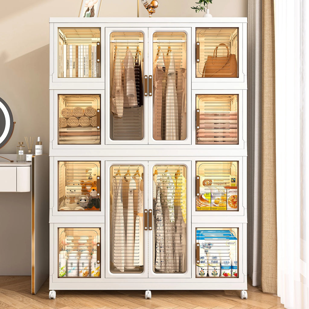 Montary Kids Portable Wardrobe w/ Magnetic Doors & Hanging Rod - 4-Cube Plastic Storage Cabinet,Nursery/Bedroom