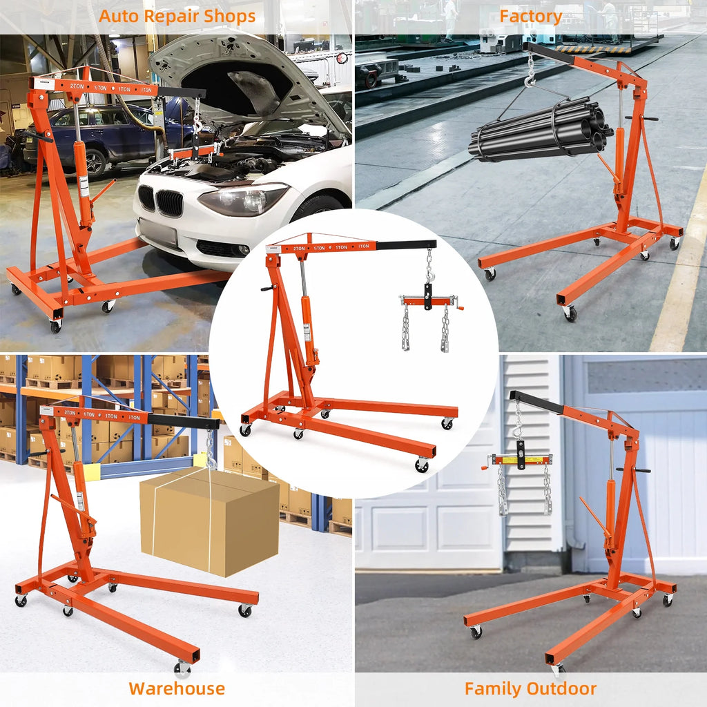 JoanKaren Hydraulic Engine Hoist,4400lbs Max Weight,Folding Engine Lift Shop Crane with Lever and 6 Steel Caster Wheels,Yellow