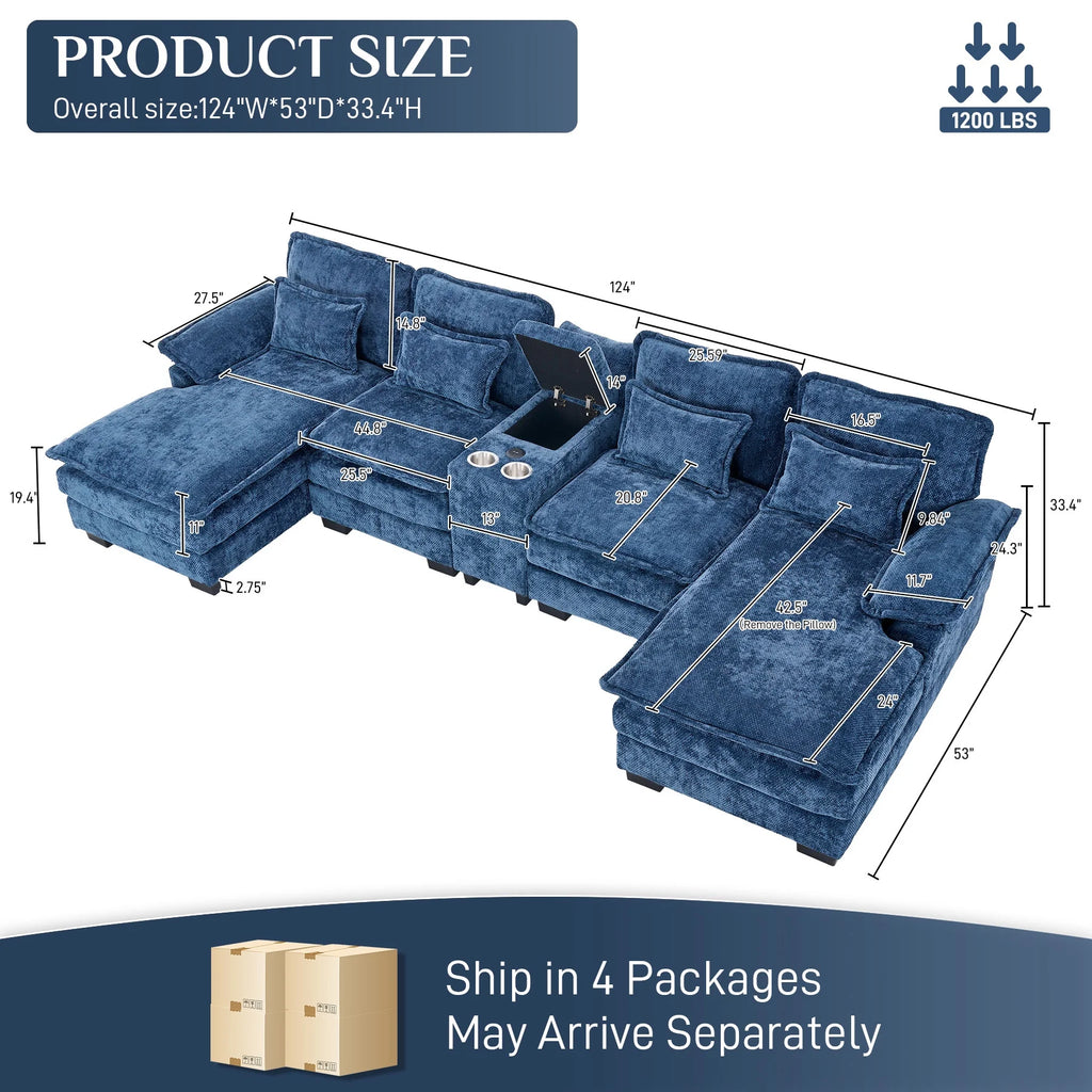 Wiilayok U Shaped Cloud Couch Modular Sectional Sofa 124" Extra Deep Fluffy Chenille Double Chaise Lounge, Central Console w/ Dual USB-C & A Ports, Storm Gray