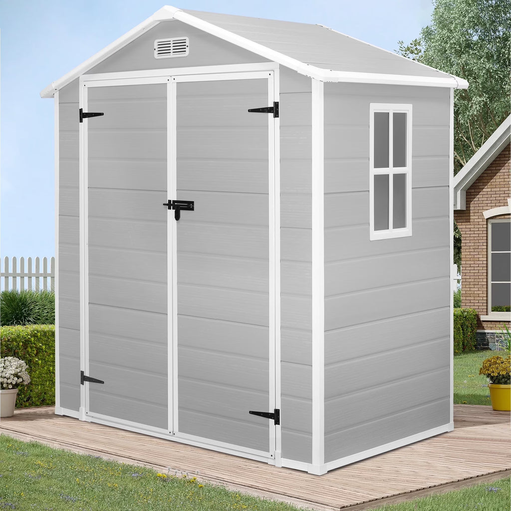 Enyopro 6 x 4.4FT Outdoor Storage Shed, All-Weather Plastic Resin Utility Tool Large Shed with Dual Lockable Doors for Patio Backyard Lawn, Gray