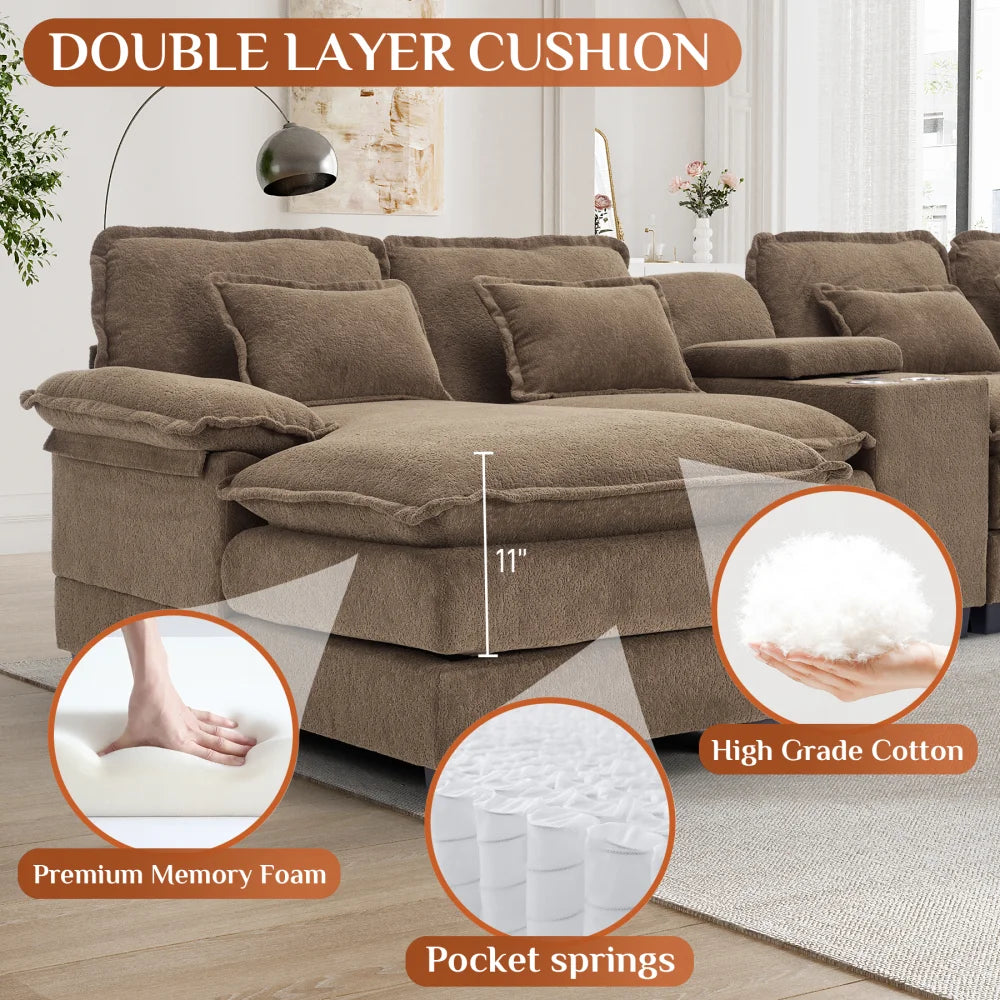 Wiilayok U Shaped Cloud Couch Modular Sectional Sofa 124" Extra Deep Fluffy Chenille Double Chaise Lounge, Central Console w/ Dual USB-C & A Ports, Storm Gray