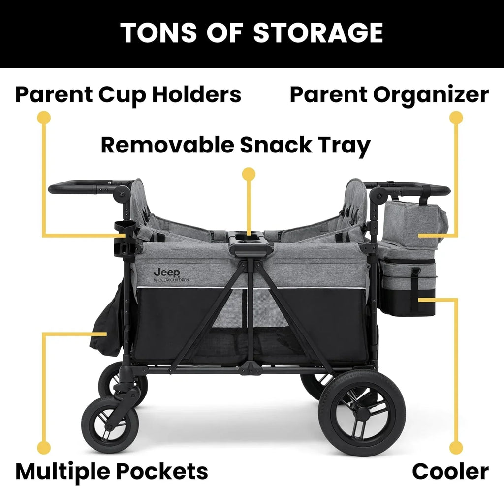 Jeep Wrangler Deluxe 4 Seater Stroller Wagon by Delta Children Premium Quad Stroller Wagon