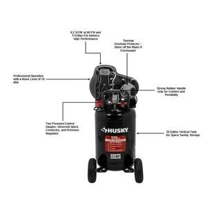 Husky 30-gallon compressor, 175 PSI, oil-lubricated belt drive, portable vertical electric air compressor C304H