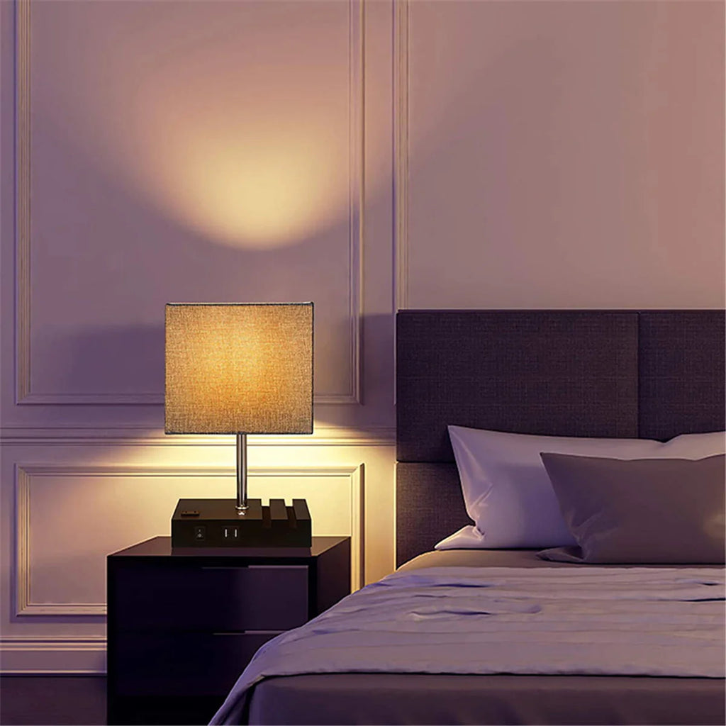Touch Control Table Lamp with 2 USB Charging Ports, 1 AC Outlets and 2 Phone Stands, Modern USB Desk Lamp with Black Wooden Base and Grey Shade Suitable for Bedroom, Living Room