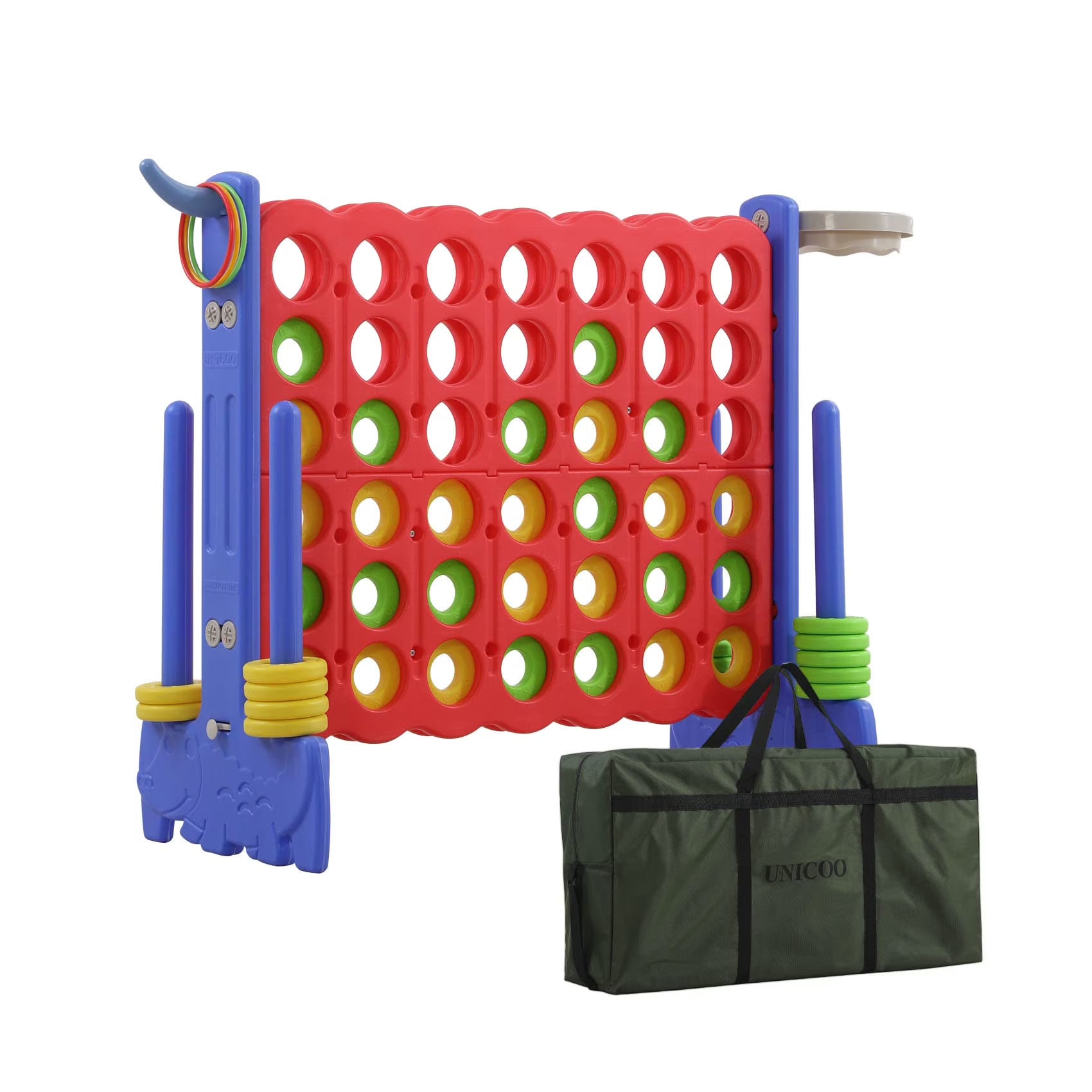UNICOO? 3-in-1 Giant 4 in A Row Game, Featuring Basketball Hoop, Ring Toss Game & 4-to-Score Game. Perfect for Kids & Adults, Parties & Gatherings with Carrying Bag (Red + Blue)