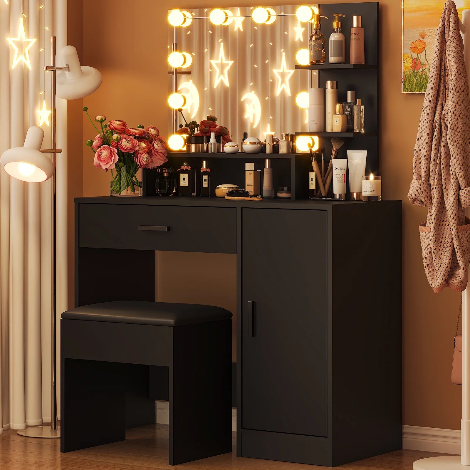 Ktaxon Vanity Set with 3 Color Lighted Mirror, Makeup Table with 3 Storage Shelves & Drawers, Dressing Table Makeup Desk with Stool,White