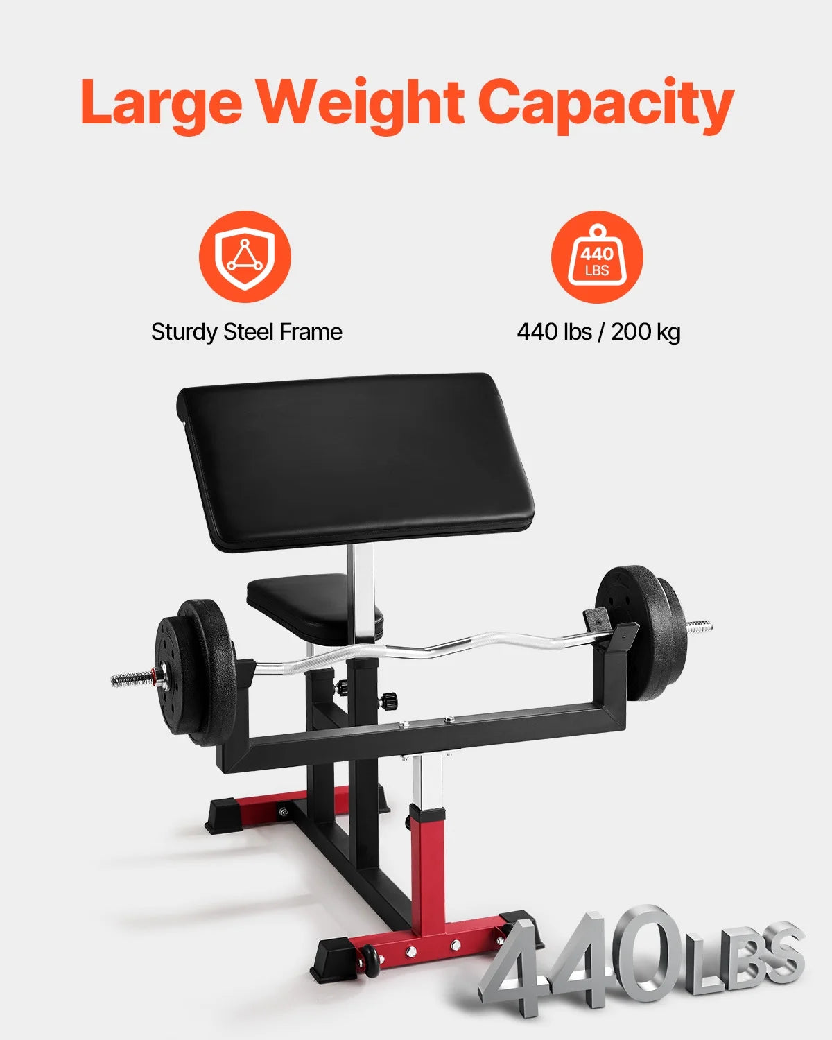 VEVOR Preacher Curl Bench, Strength Training Biceps Machine, Max load 440 LBS Home Gym Equipment, Seated Arm Isolated Barbell Dumbbell Bicep Station, Adjustable Weight Benches for Home Gym