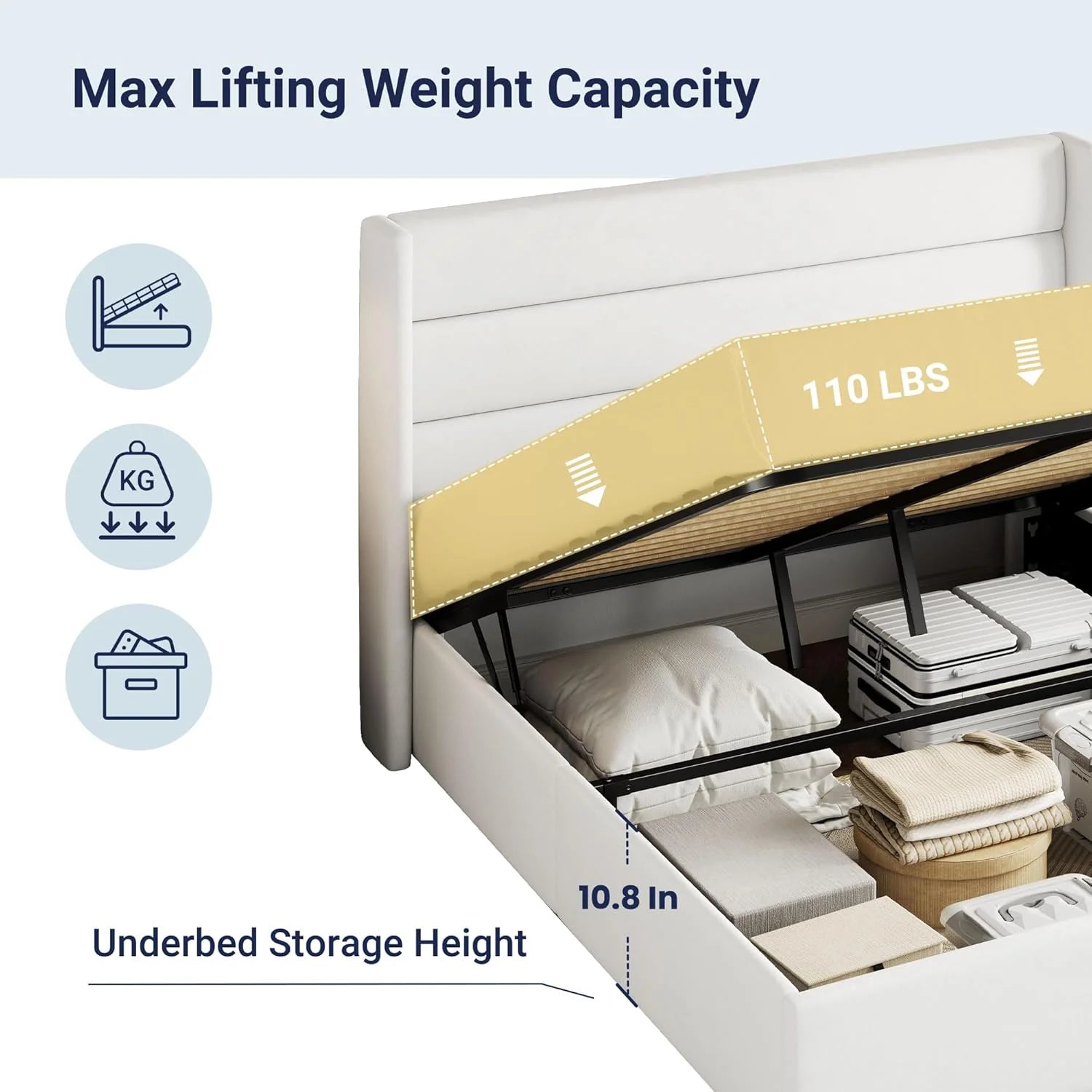 Allewie Queen Size Lift Up Storage Bed, Modern Wingback Headboard, Hydraulic Support, No Box Spring Needed, Light Beige