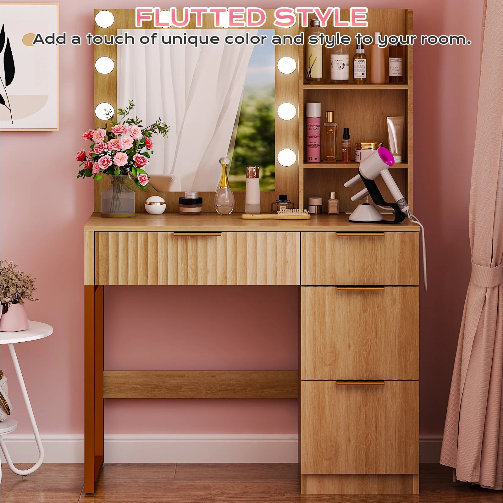 Ktaxon Vanity Set with 3 Color Lighted Mirror, Makeup Table with 3 Storage Shelves & Drawers, Dressing Table Makeup Desk with Stool,White