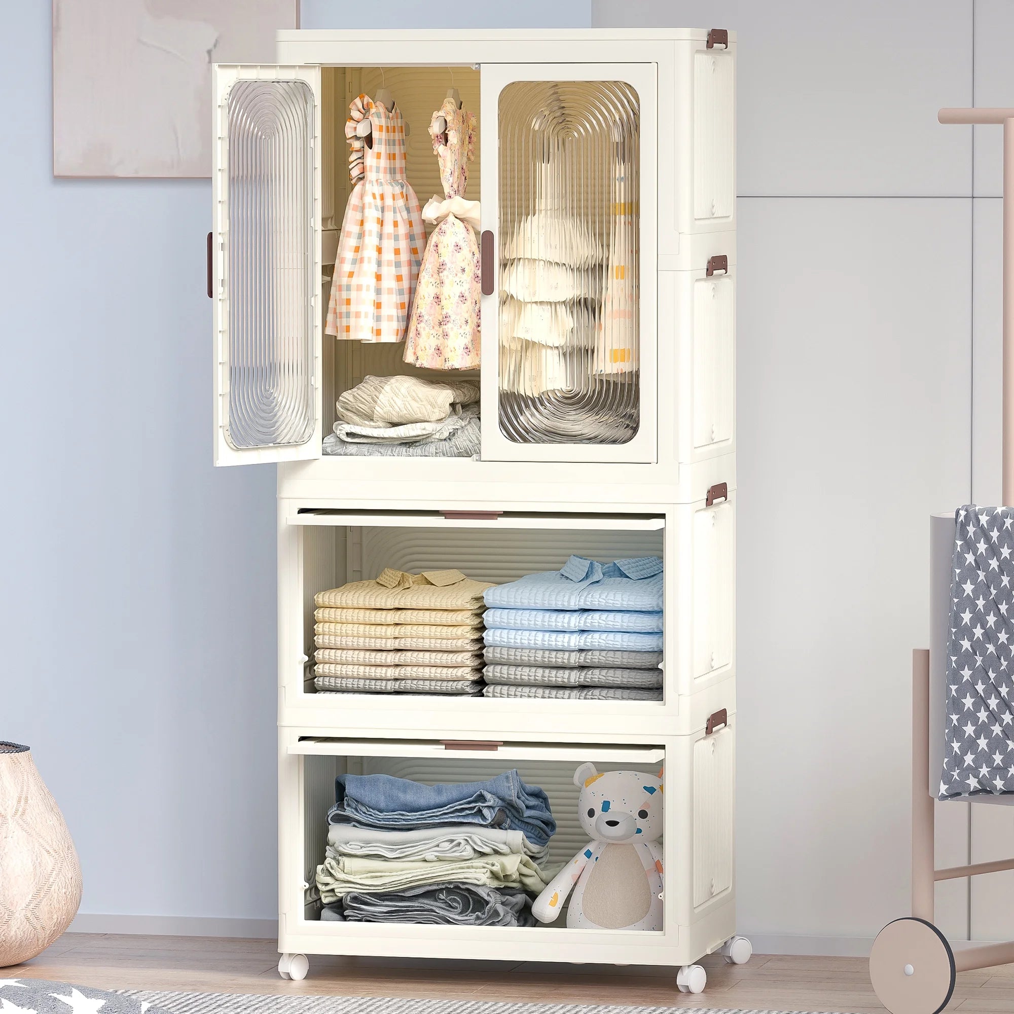 Montary Kids Portable Wardrobe w/ Magnetic Doors & Hanging Rod - 4-Cube Plastic Storage Cabinet,Nursery/Bedroom