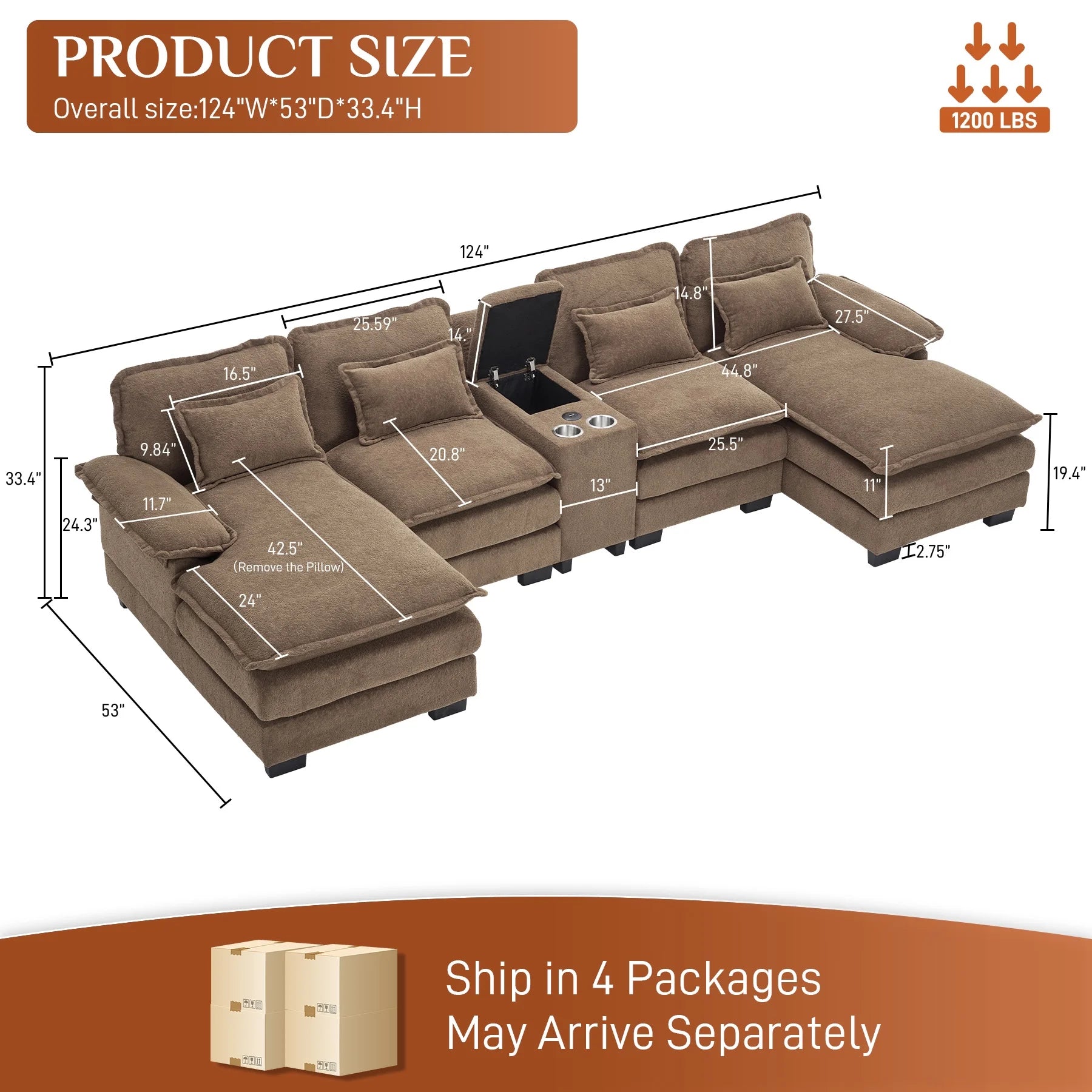 Wiilayok U Shaped Cloud Couch Modular Sectional Sofa 124" Extra Deep Fluffy Chenille Double Chaise Lounge, Central Console w/ Dual USB-C & A Ports, Storm Gray