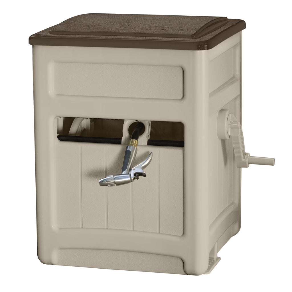 Suncast Hose Hideaway 225' Outdoor Garden Hose Reel with Storage Bin and Hose Guide, Taupe