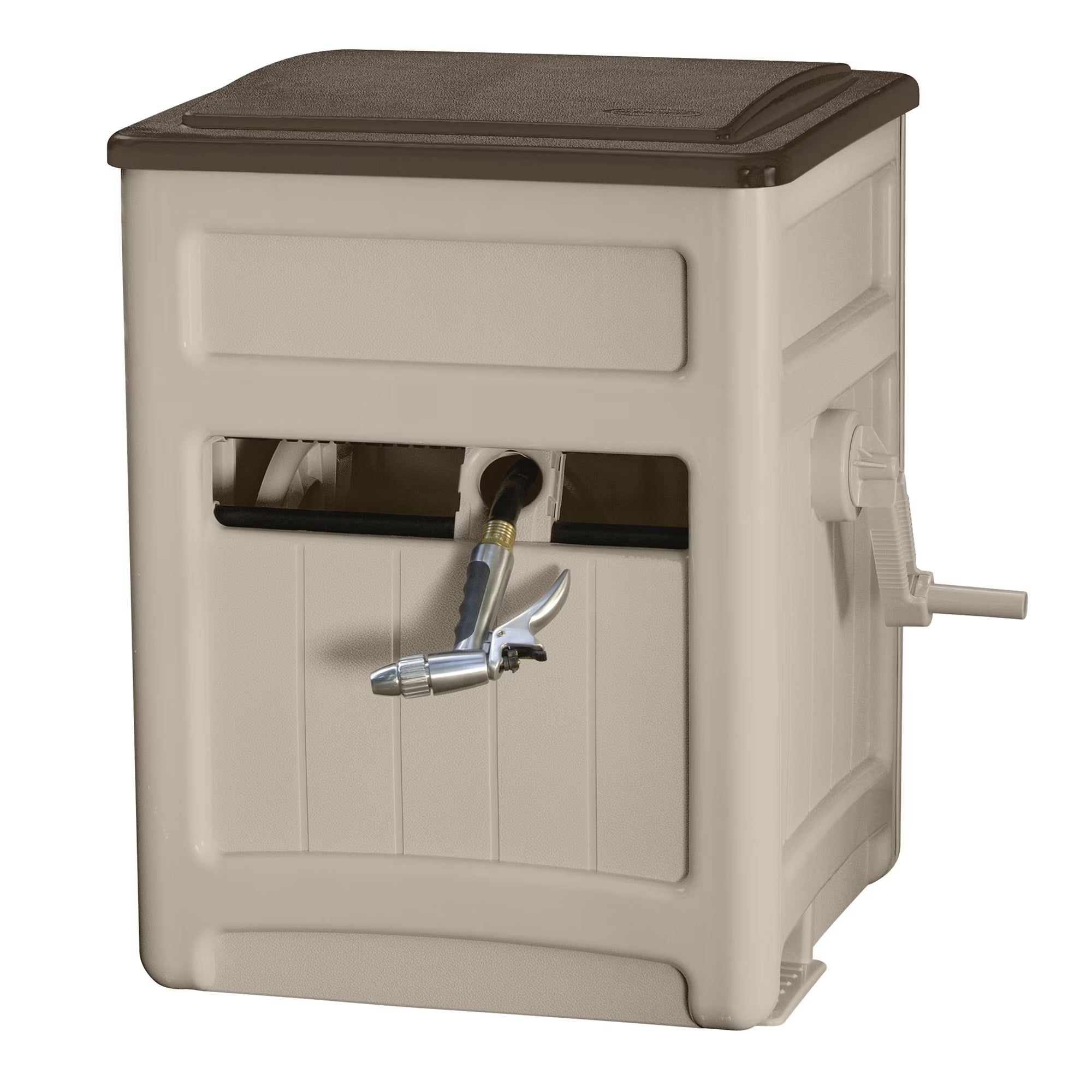 Suncast Hose Hideaway 225' Outdoor Garden Hose Reel with Storage Bin and Hose Guide, Taupe