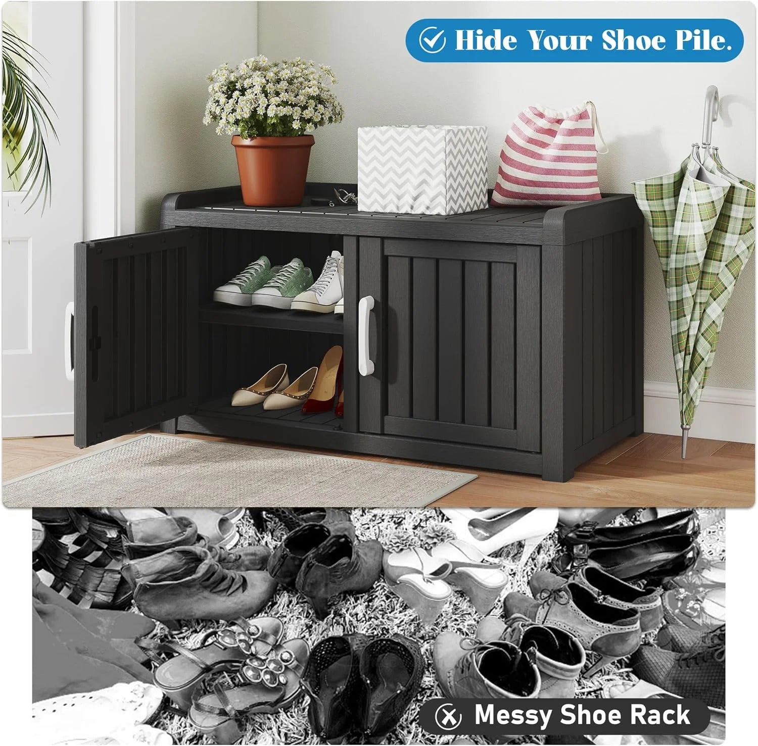 KAMABOKO Outdoor Shoe Storage Cabinet, Waterproof UV-Resistant Entryway Storage Bench Indoor Outdoor with 2 Barn Doors, Adjustable Shelves for Entryway, Bedroom, Hallway,Living Room(Black)