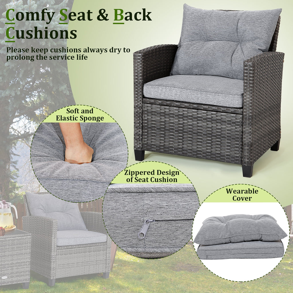 Gymax 3PCS Patio Rattan Sofa Set Outdoor Wicker Conversation Set Glass Tabletop w/ Grey Cushion