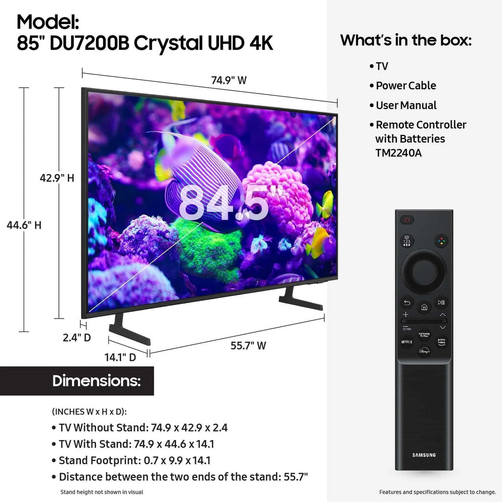 Samsung 85�� Crystal UHD 4K Smart TV DU7200B with PurColor, HDR and Tizen OS �C 2024 Model