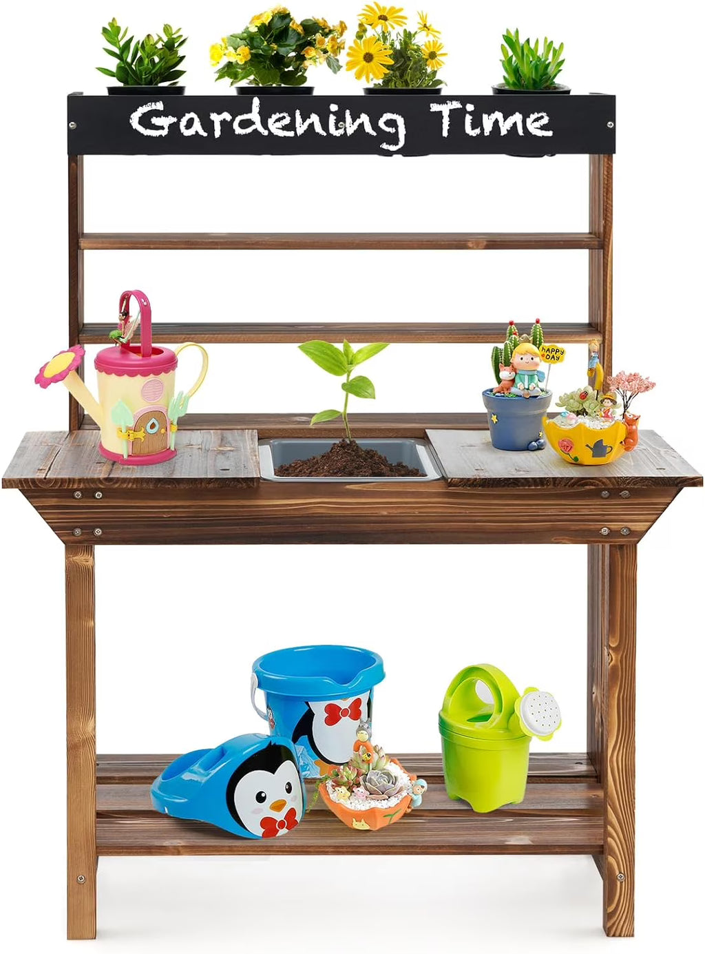 DORTALA Kids Potting Bench, Fir Wood Outdoor Mud Table with Removable Sink, 4 Pots, Chalkboard, Storage Shelves, Garden Kid Kitchen Playset, Mud Kitchen for Kids Outdoor