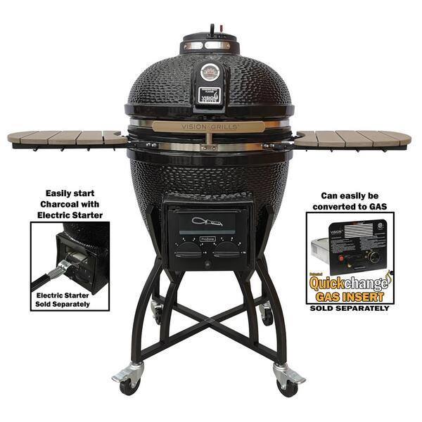 22 in. Kamado S-Series Ceramic Charcoal Grill in Black with Cover, Cart, Side Shelves, Two Cooking Grates and Ash Drawer