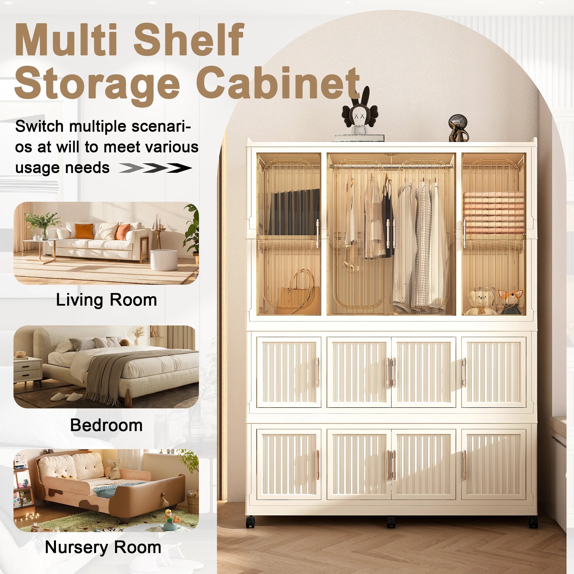Montary Kids Portable Wardrobe w/ Magnetic Doors & Hanging Rod - 4-Cube Plastic Storage Cabinet,Nursery/Bedroom