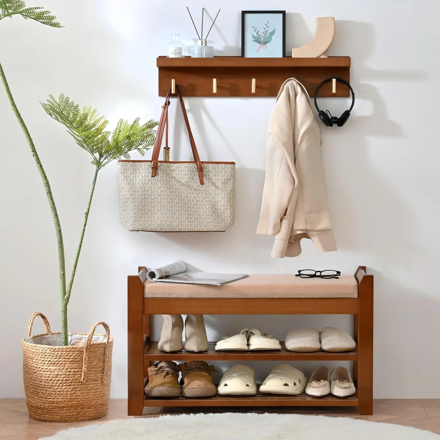 Shoe Rack for Front Door Entrance, 28?? Entryway Bench with Coat Rack, Hall Tree Shoe Bench with Storage for Entry, Hallway, Bedroom, Living Room