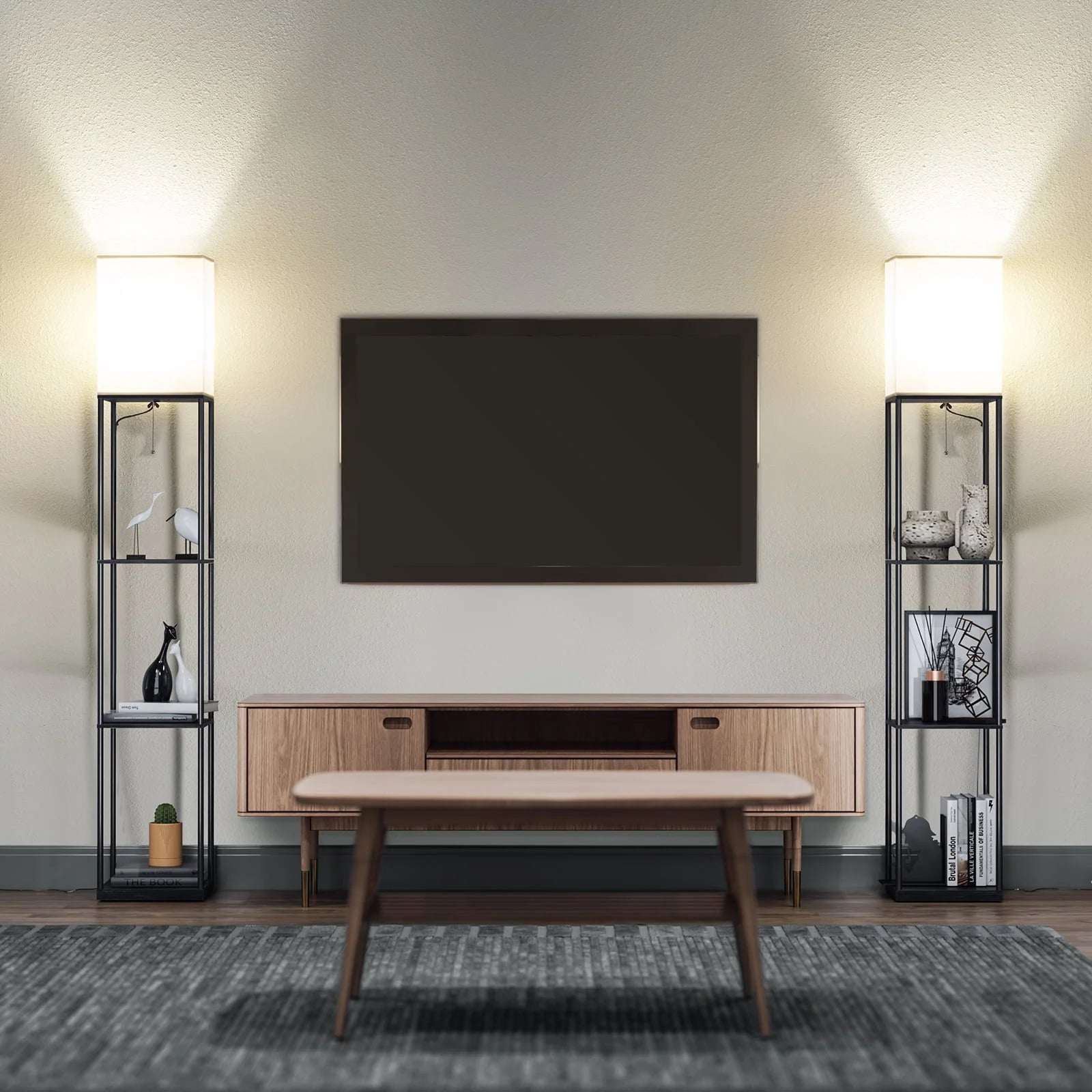 Modern Iron Shelf Floor Lamp with 3-Way Dimmable LED Bulb, Shelves and White Shade for Living Room and Bedroom(Black)