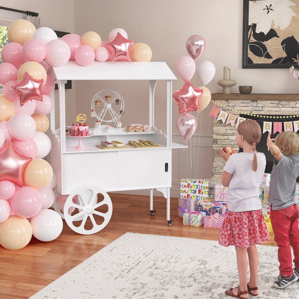 Candy Cart with Wheels for Party��Wood Dessert Cart with Storage Cabinet