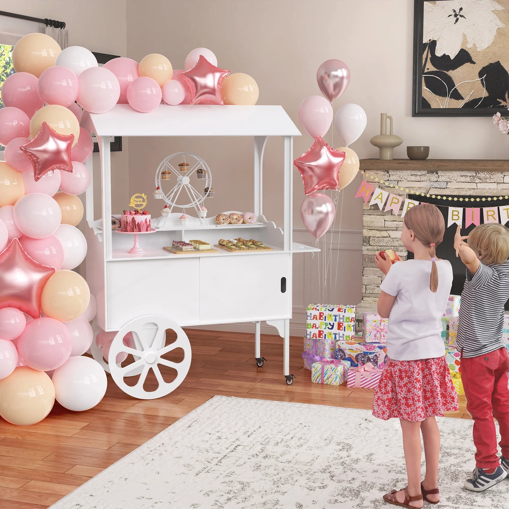 Candy Cart with Wheels for Party��Wood Dessert Cart with Storage Cabinet