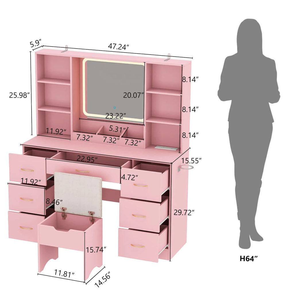 47" Large Vanity Desk with Lighted Mirror & Charging Station, Black Makeup Vanity with 7 Drawers & 6 Shelves, Vanity Set with Cushioned Stool