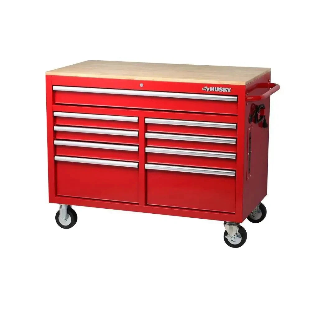 Mobile workbench with 9 drawers, hardwood top and power connection, 117 cm W x 62 cm D �C high-gloss black