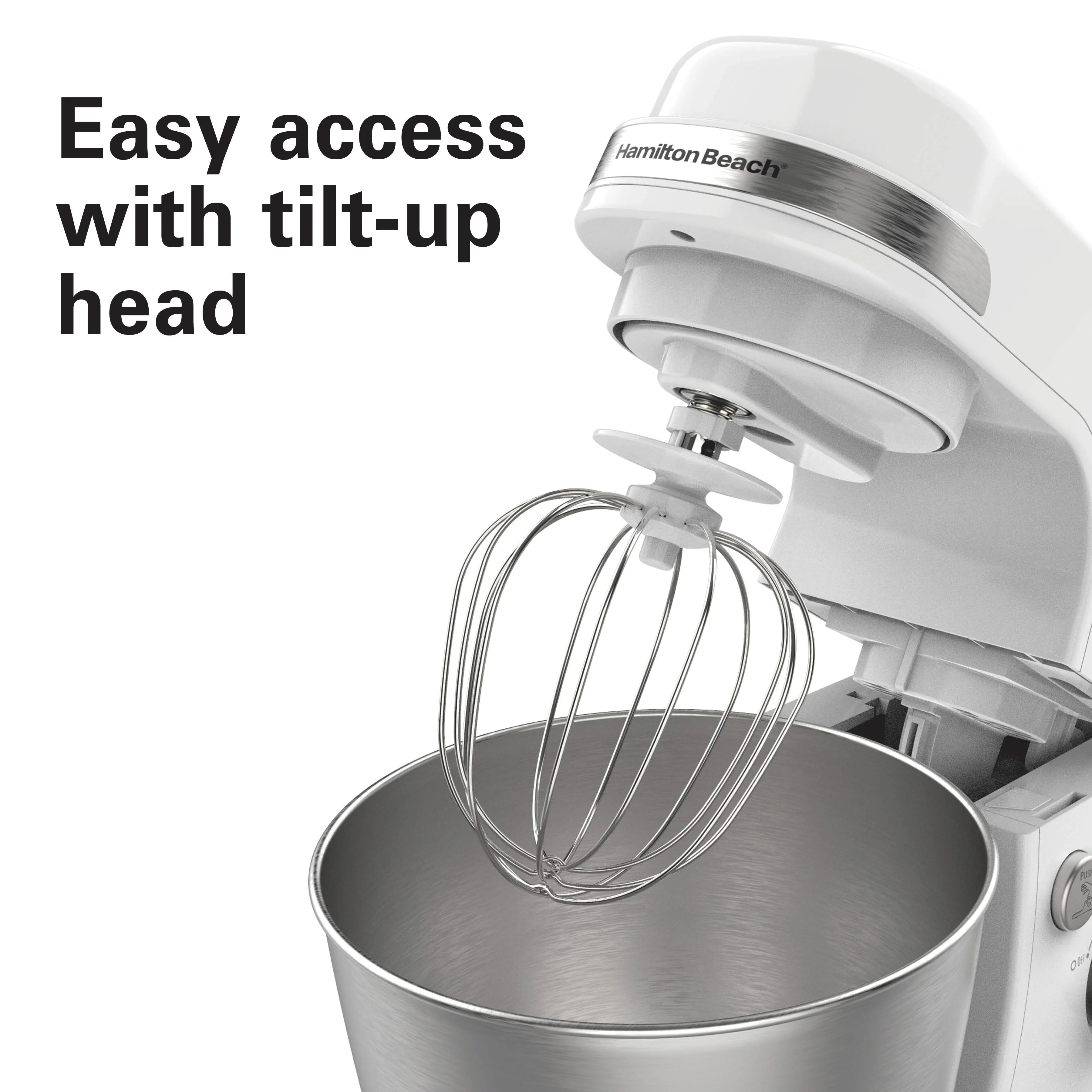 Hamilton Beach 4 Quart Stand Mixer for Kitchen, 7 Speeds, Tilt-Head, Dough Hook, Whisk & Flat Beater, White