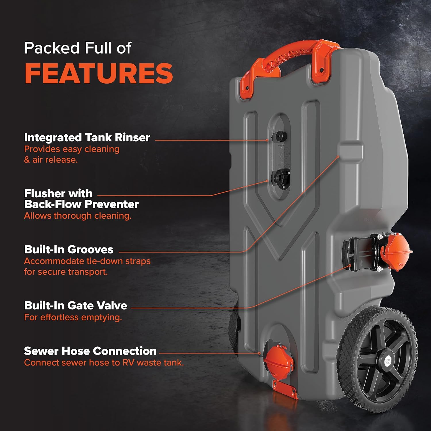 36-Gallon Portable Camper / RV Tote Tank - Features Large Heavy-Duty No-Flat Wheels & Built-In Gate Valve - Removable Steel Tow Adapter, 3 ?RV Sewer Hose & More RV Accessories (39006)