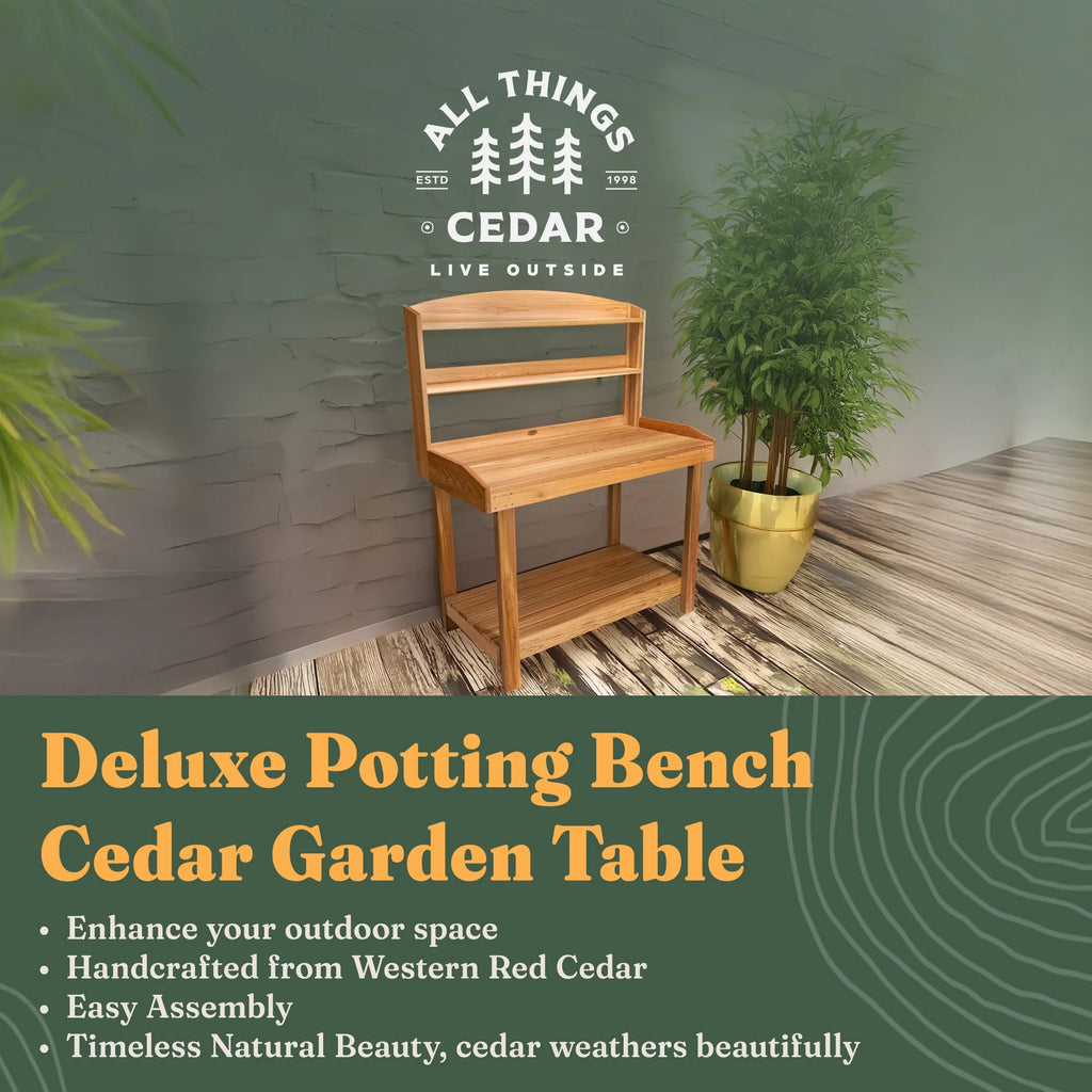 All Things Cedar Deluxe Potting Bench, Outdoor Garden Workstation Table