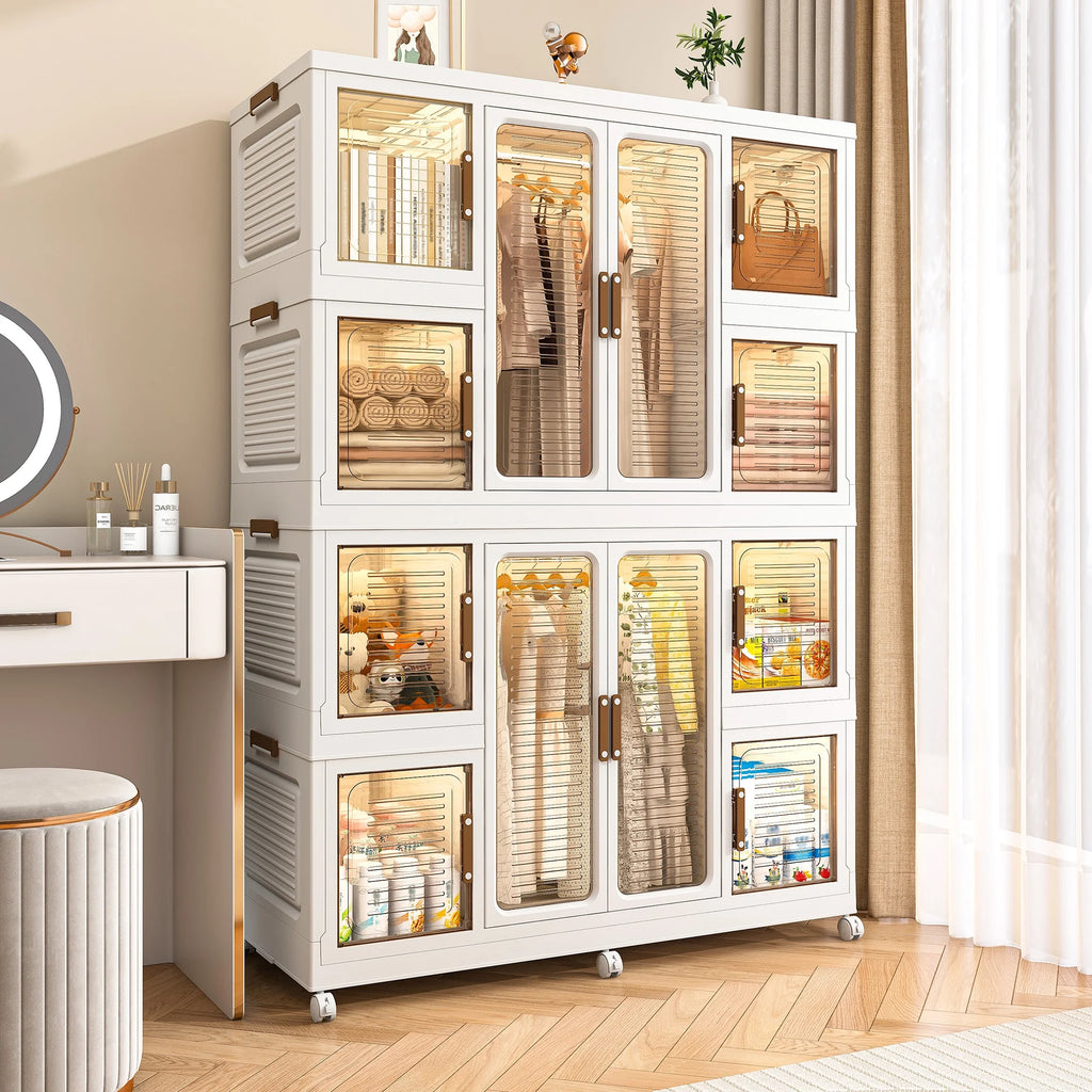 Montary Kids Portable Wardrobe w/ Magnetic Doors & Hanging Rod - 4-Cube Plastic Storage Cabinet,Nursery/Bedroom