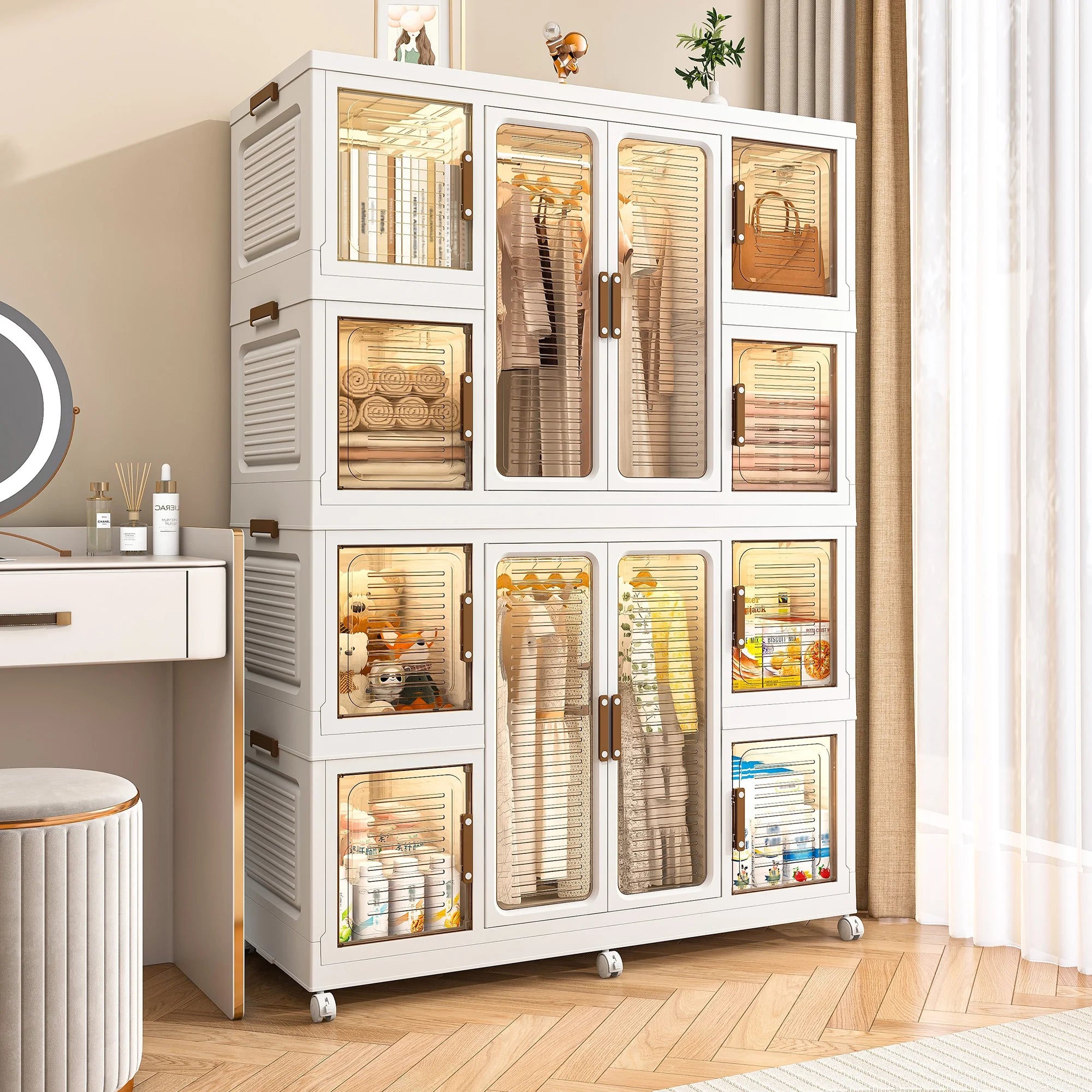Montary Kids Portable Wardrobe w/ Magnetic Doors & Hanging Rod - 4-Cube Plastic Storage Cabinet,Nursery/Bedroom
