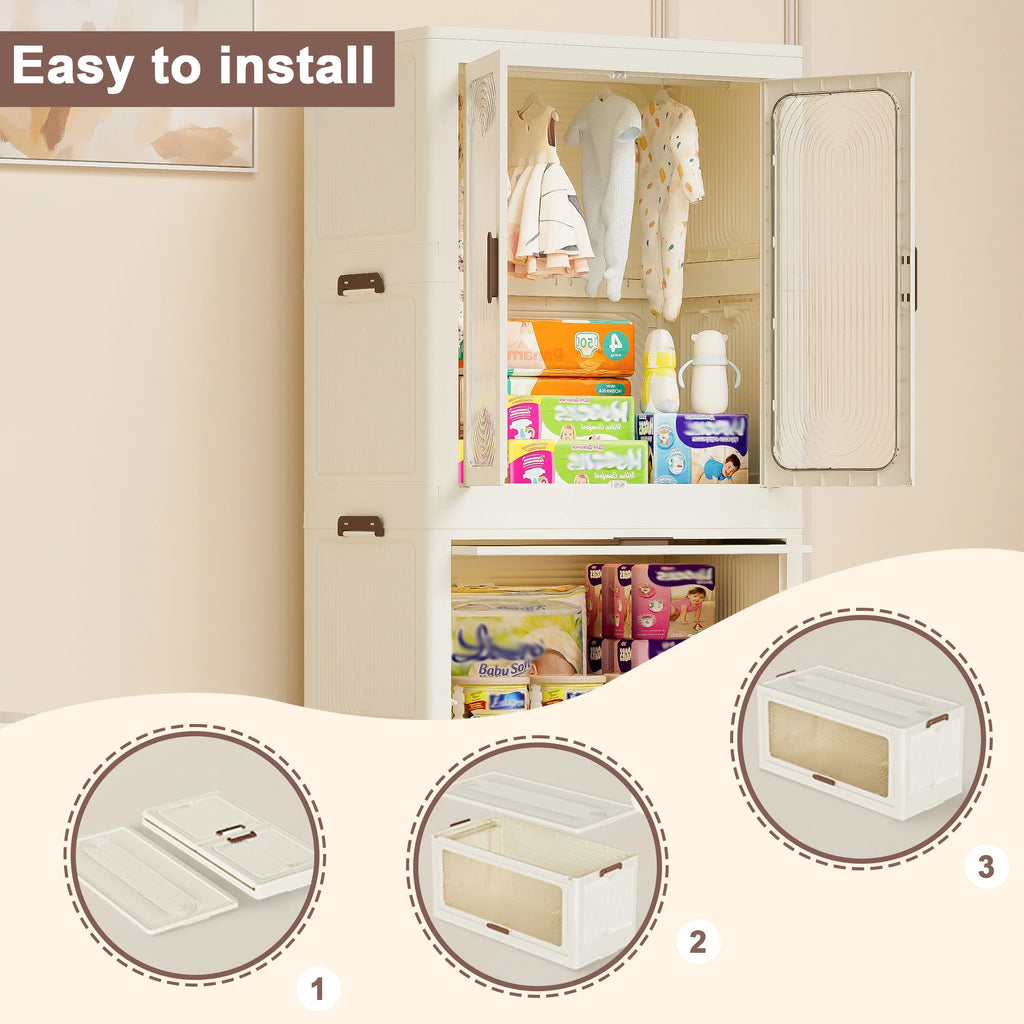Montary Kids Portable Wardrobe w/ Magnetic Doors & Hanging Rod - 4-Cube Plastic Storage Cabinet,Nursery/Bedroom