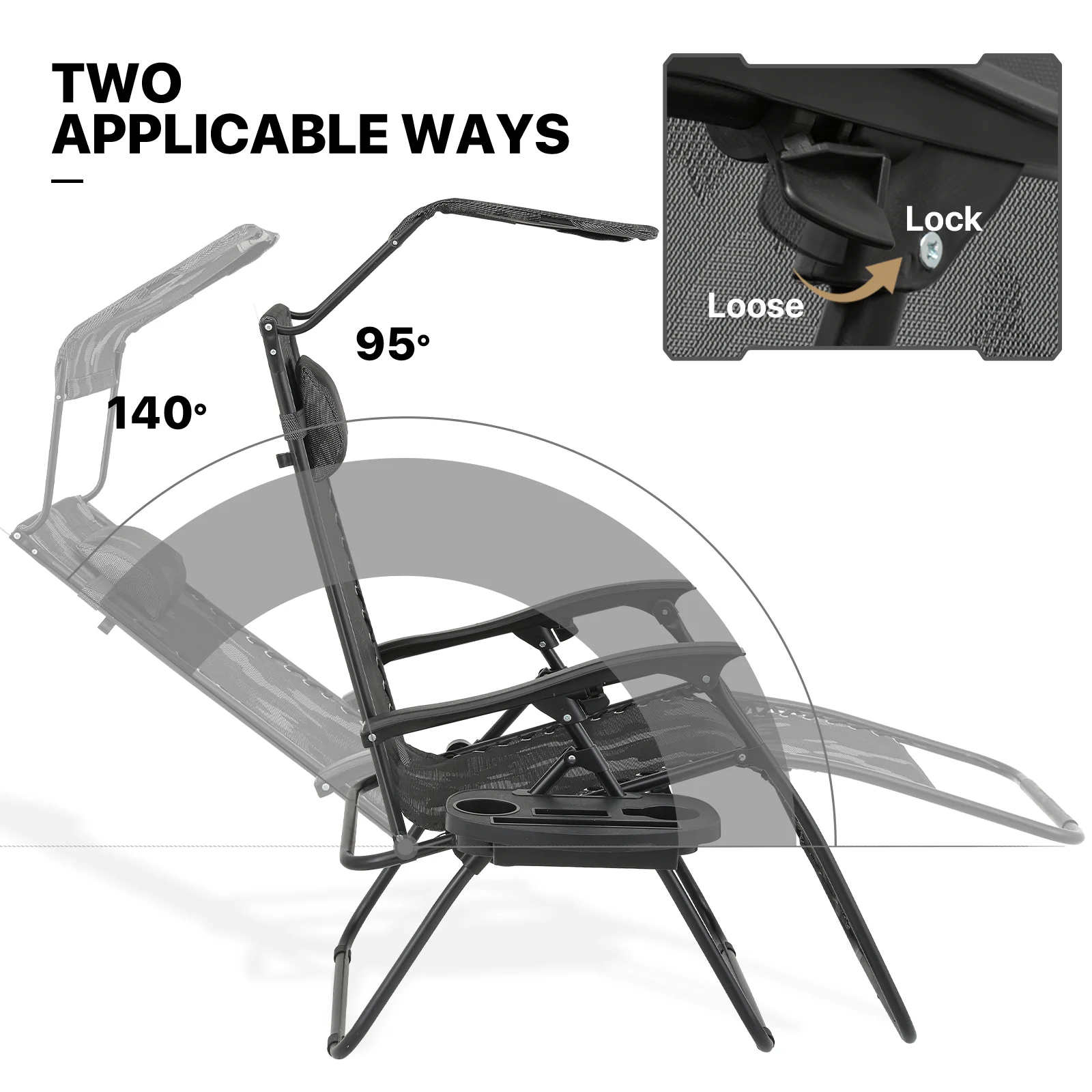 MoNiBloom Zero Gravity Chairs Set of 2, Folding Outdoor Patio Beach Recliner with Canopy Shade & Headrest, Black